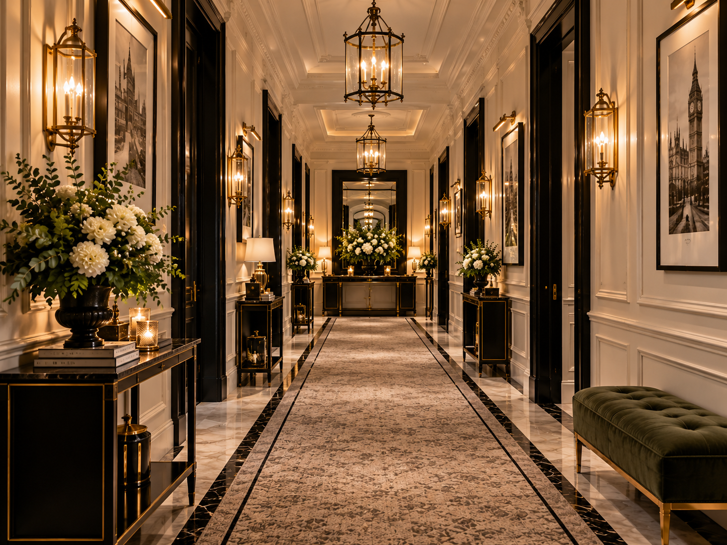 Marble halls and warm lantern light through the hotel corridors.