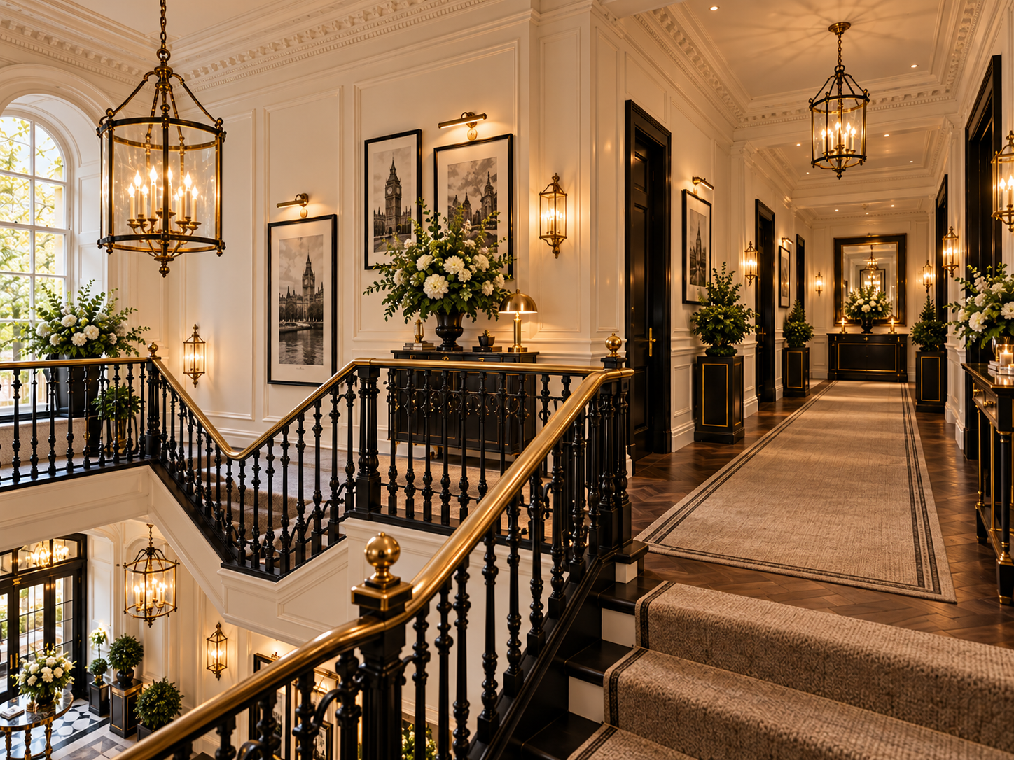 A refined staircase and hallway lined with London photography.