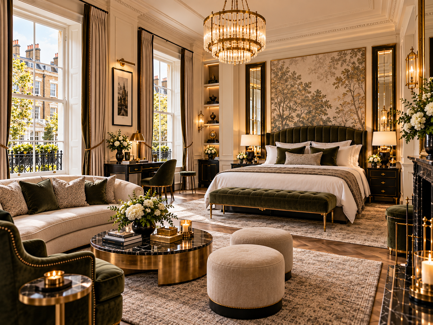 A spacious suite with forest-green accents and London views.