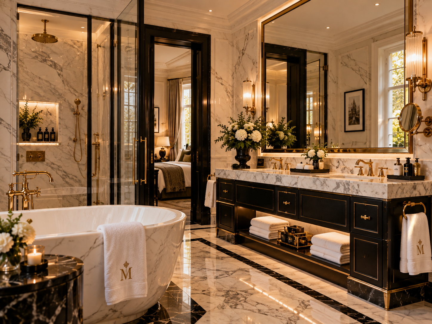 A spa-like marble bathroom with gold fixtures and the MEMITANLI monogram.