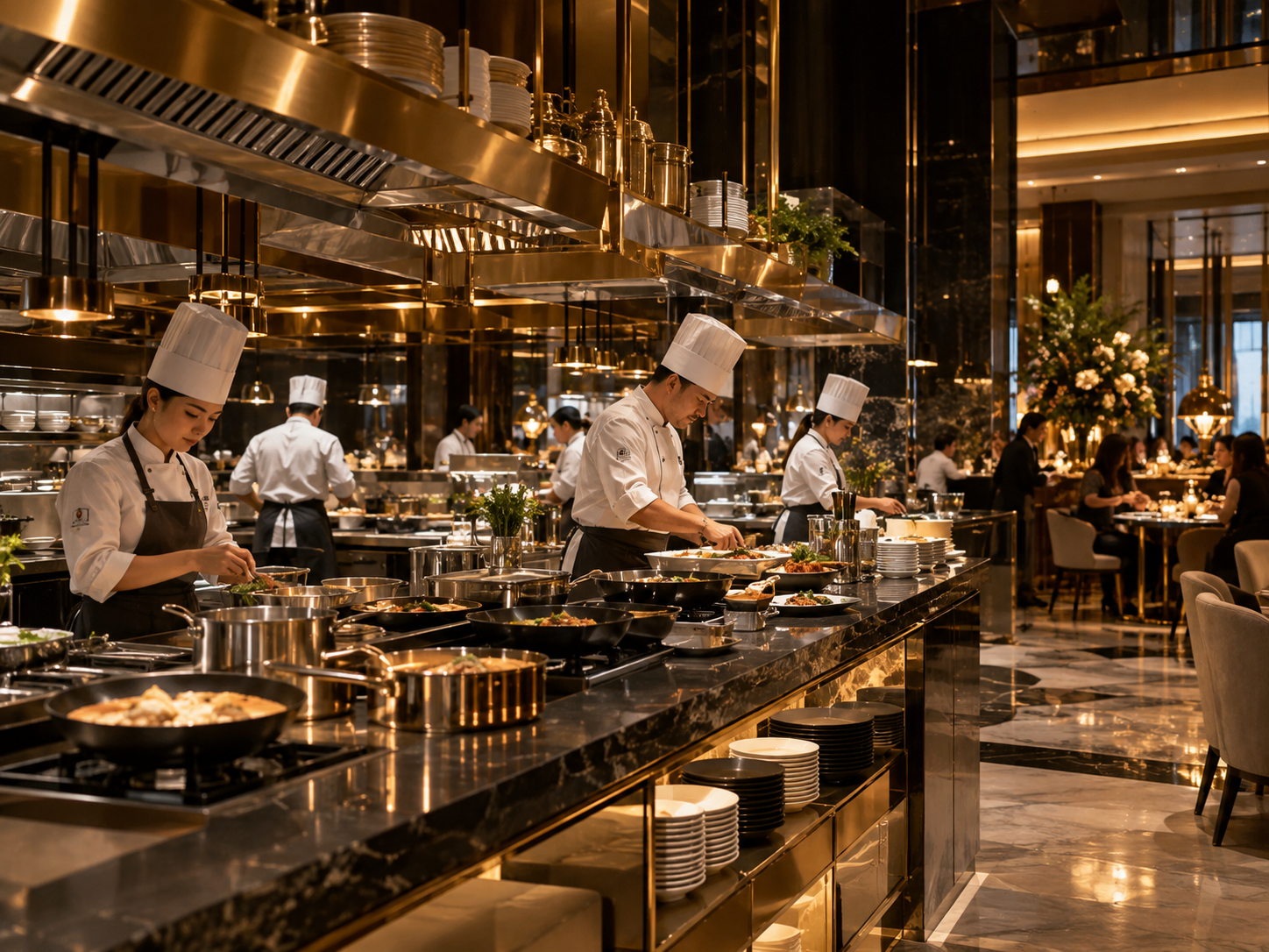 Our open kitchen — culinary theatre with black marble and gold accents.