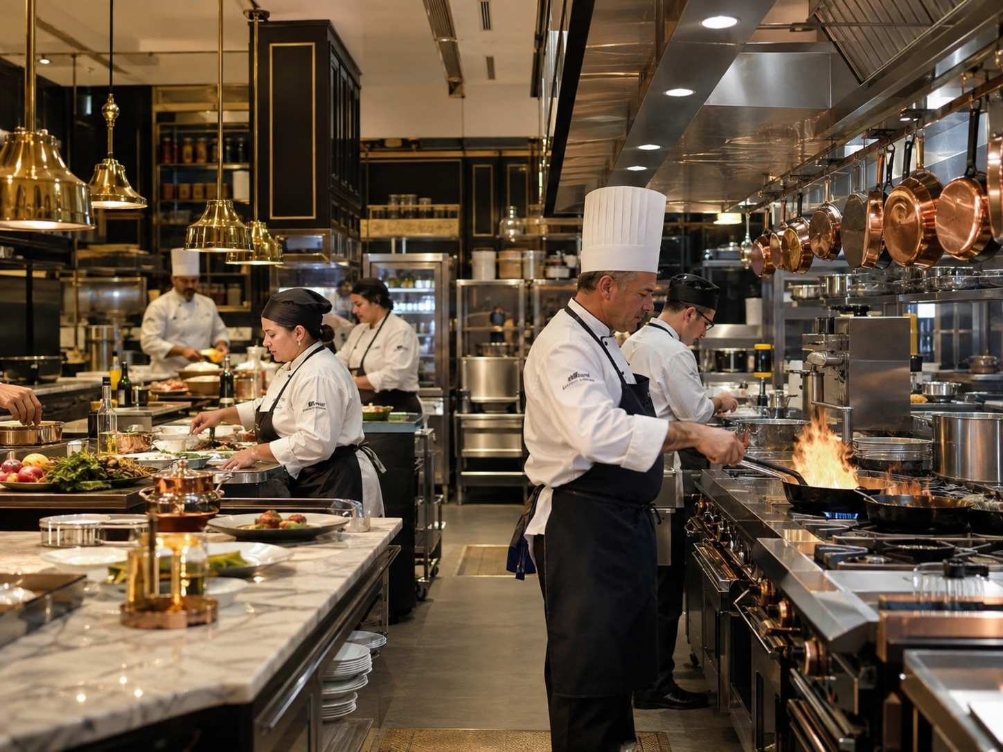 High-energy service on the stove with copper pans and open flame.