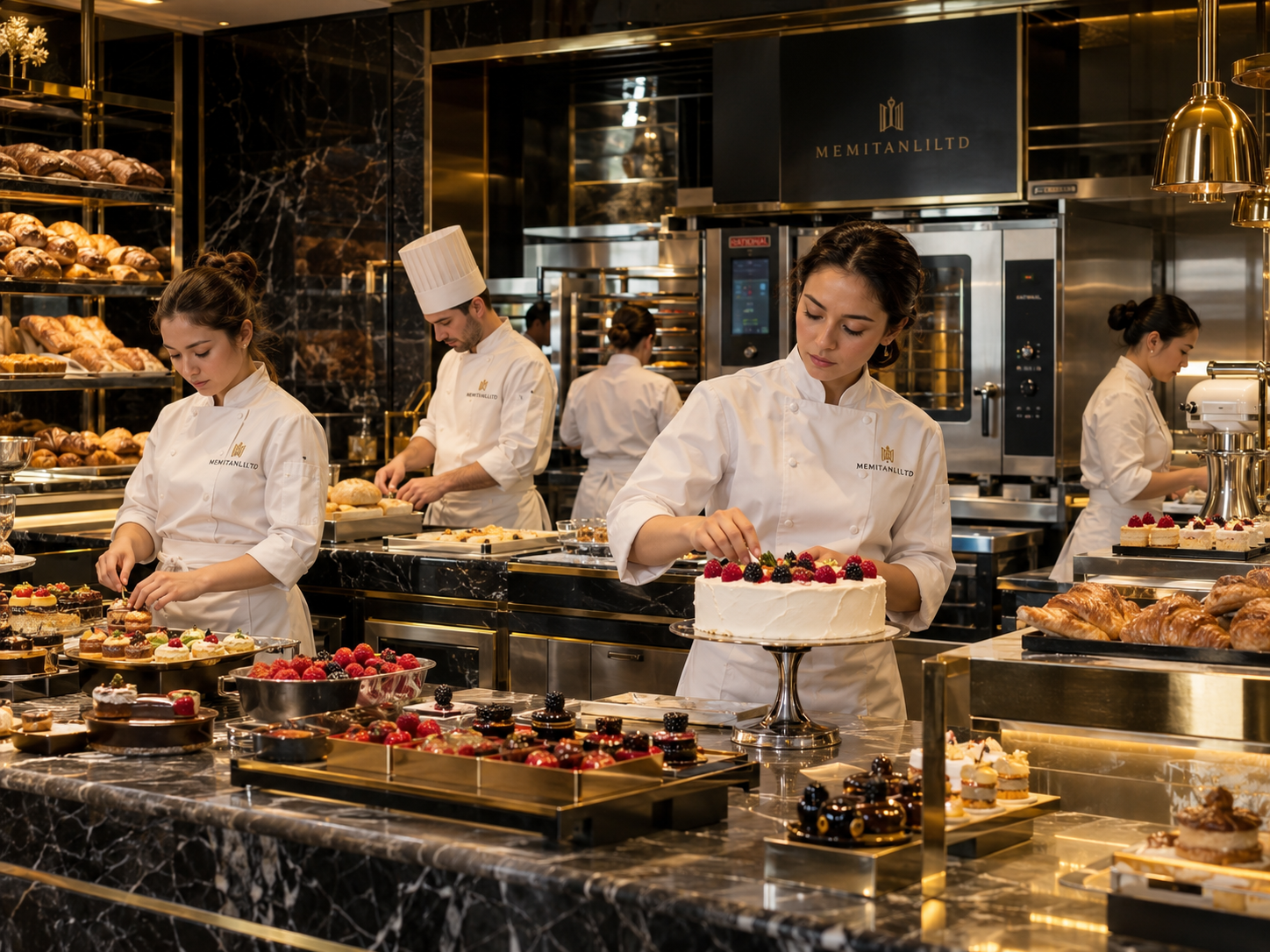 Pastry chefs crafting cakes, tarts and fresh breads.
